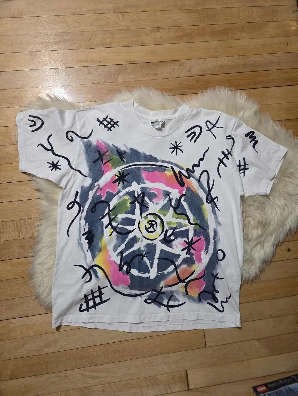 Vintage Jacques Moret Abstract Art Shirt Mens L/XL White Single Stitch Tee 90s